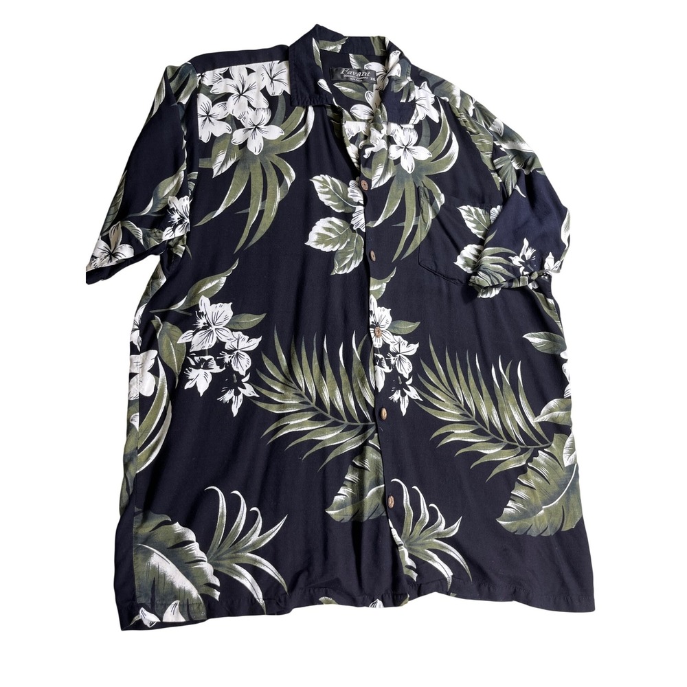 Favant Hawaiian Shirt Mens XXL Black Green Floral Tropical Button Front Aloha